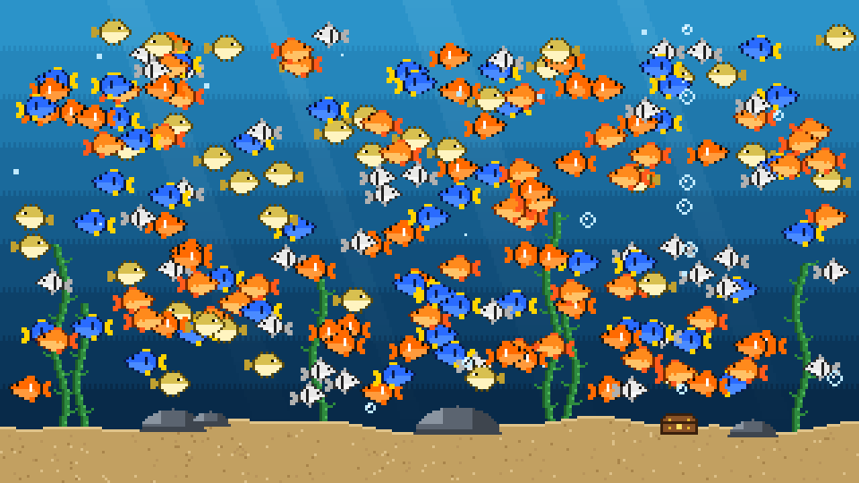 Pixel-art fish swimming over seaweed, rocks and a treasure chest