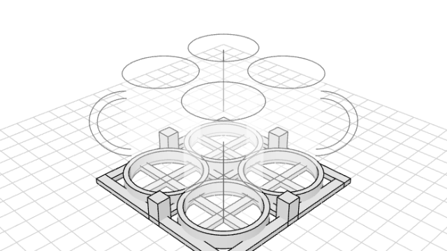 A 3D preview of a stackable rack of plates and posts holding glass mugs